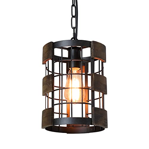 Eumyviv Farmhouse Kitchen Pendant Light 7.8" Circular Industrial Mesh Cage Rustic Chandelier Ceiling Lighting Fixture, Brown Wood(P0048) #TOP16