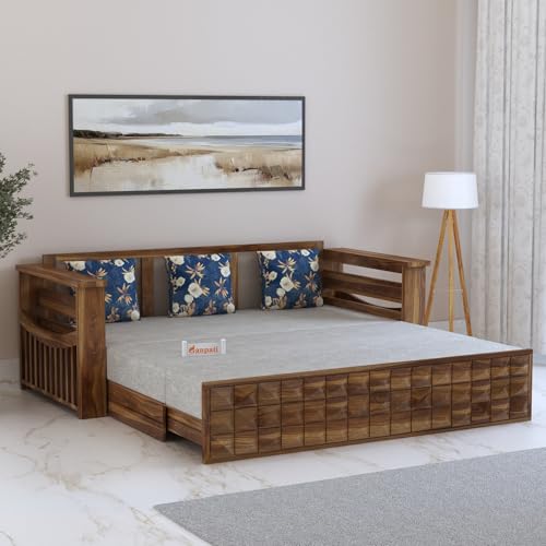 Image of Ganpati Arts Solid Sheesham Wood Diamond 3 Seater Sofa Cum Bed with Storage and Side Pockets for Living Room Hall Bedroom (Teak Finish)