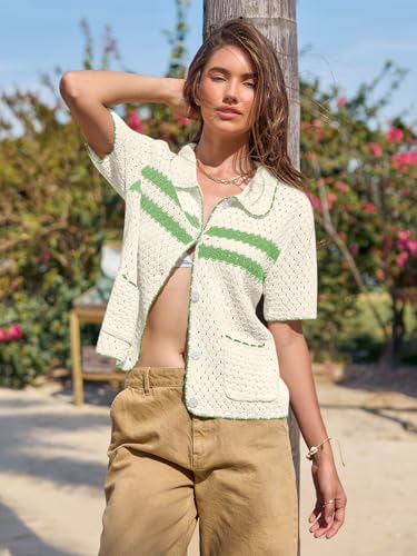 Image of Yousify Womens Casual Summer Short Sleeve Sweaters Button Down Crochet Knit Tops 2026 Loose Cute Cardigan Sweater