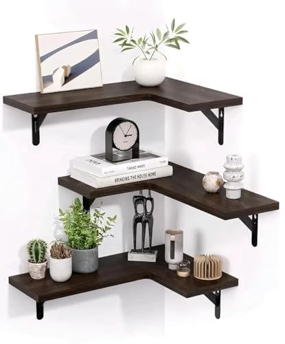 Image of Shoper cart Corner Wall Shelf Set, Shelf, Wall Mounted Shelves, Wall Shelf for Bedroom, Wall Shelves for Living Room, Book Shelf for Wall, Brown, 40 x 30 x 16 cm, (Brown (Set of 3))