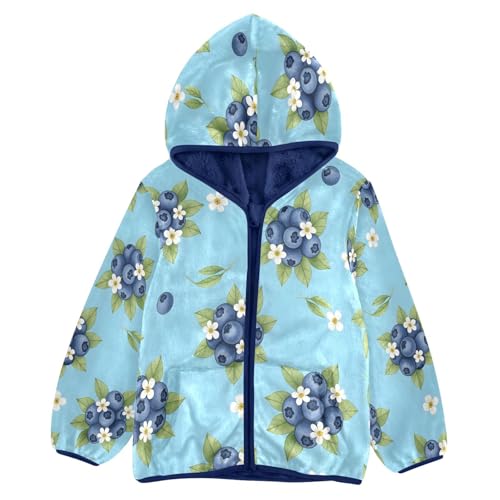Blueberry Floral Pattern on Blue Toddler Fleece Jacket Girl Boys Hooded Fleece Jacket Coat Warm Outwear Zip-up 3-10T