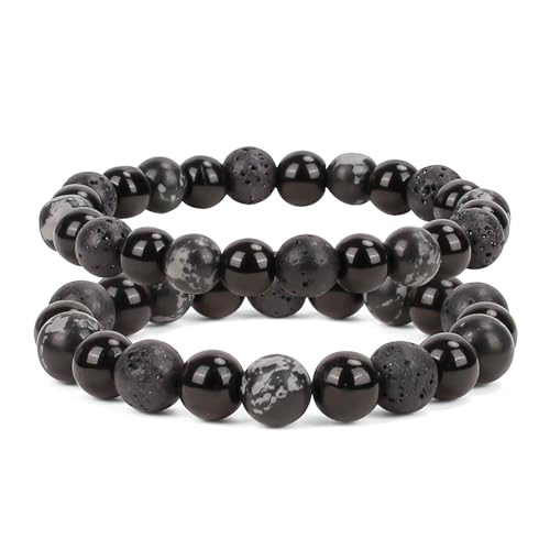 FLYEMMET Couple Bracelets for Women Men Distance Matching Relationship 8mm 10mm Stone Beads Couples Friendship Stretch Bracelet Jewelry Set for Him and Her (Black Stone 8 & 10mm Beads)