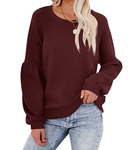 For G and PL Women s Casual Cotton Crew Neck Puff Sleeve Tops Long Sleeve Raglan Solid Sweatshirts Maroon S