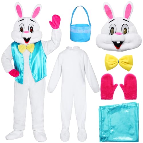 Apparlxer Osterhasen Kostüm Set Maskottchen Kostüm Erwachsene Plüsch Hasenkostüm Osterkostüm mit Osterkörbchen Hasenkopf Fliege Mantel Handschuhe Plüschoverall Hasen Kostüm für Ostern (Gelb)