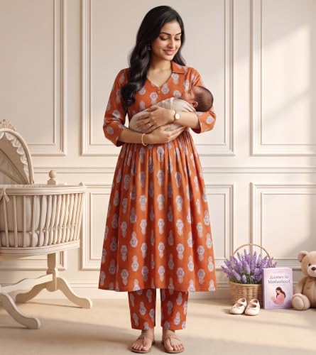 Image of DUMMY SHAPE Maternity Dresses for Women Cotton | Floral Kurta Pant Dupatta Set with Nursing Zippers, Side Pocket | Pre & Post Pregnancy | Feeding Kurti Suit | Baby Shower | Gifts for Pregnant Woman