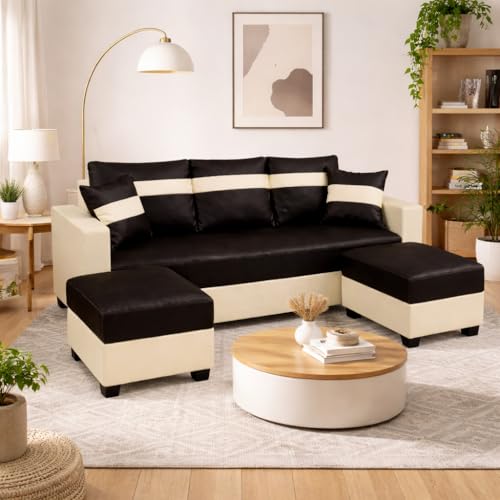 Image of SOCOZI Bastian 5 Seater L Shape Sofa Set with 2 Movable Ottomans | Flexible Layout | Premium Leatherette with Golden Metal Legs |Sofa for Living Room (Black-Cream) | Breathable Material