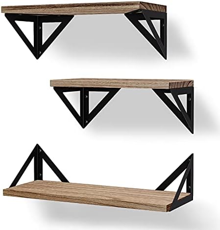 BAYKA Floating Shelves Wall Shelf Mounted, Decorative Rustic Wood Hanging Shelving Set of 3 for Bedroom, Kitchen, Bathroom, Living Room, Weight Bearing Shelves for Cats, Pictures, Towels, Accessories