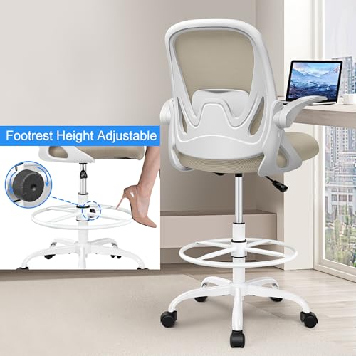 Image of Drafting Chair Tall Office Chair with Flip-up Armrests, Adjustable Height, and Enhanced Lumbar Support - Ergonomic Rolling Stool, Back Support, and Adjustable Foot Rest Ring for Standing Desk Khaki