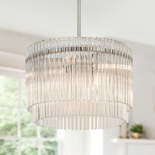 Image of 15.44 inch Drum Chandeliers Dining Room Brushed Nickel 6-Lights | Modern Round Glass Chandelier with Crystals for Living Room Kitchen Island Entryway Foyer Stairway Light Fixture