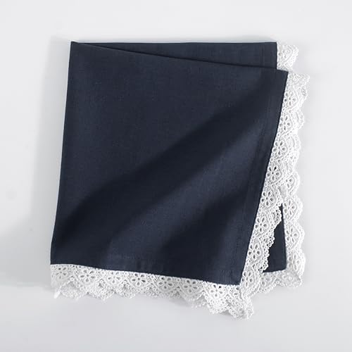 Image of FINGERCRAFT Cloth Napkins Set of 6, 20x20 Inch, Cotton Linen Blend Table Napkins with Premium White Lace Edge, Reusable Washable Dinner Napkins for Wedding, Festive Dining, Parties & Home Decor (Navy)
