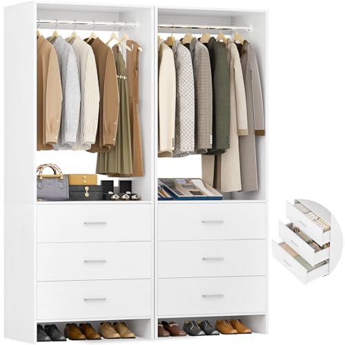 Aheaplus Closet System Closet Organizer, Wood Closet Organizer System, Walk-in Closet or Small Closets Wardrobe, Clothes Rack with Hanging Rods, 4FT Closets, Set of 2, White