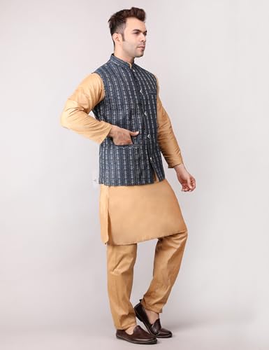 Image of Men's Cotton Silk Blend Regular Kurta Pyjama, Embroidered Nehru Jacket /Waistcoat Set