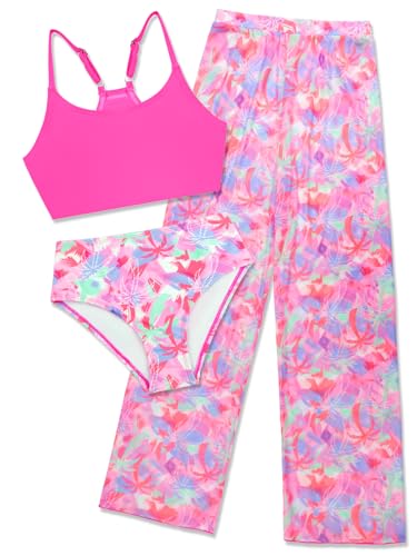 Image of SHEKINI Girls 3 Piece Printed Swimsuit High Waist Bikini Set with Cover Up Pants