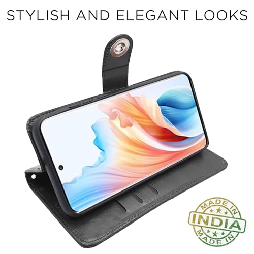 Image of Pikkme Oppo A2 Pro 5G Flip Cover Leather Finish | Inside TPU with Card Pockets | Wallet Stand and Shock Proof | Complete Protection Button Flip Case (Black)