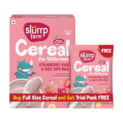 Image of Slurrp Farm No Added Sugar Instant Cereal | Ragi, Rice and Strawberry with Milk | Free Strawberry Cereal Trial Pack | 200g + Free 50g