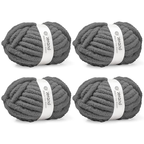 Image of Inhand Chunky Chenille Yarn for Hand Knitting,Thick Bulky Blanket Yarn for Crocheting,Soft Fluffy Yarn for Crochet Birthday Gifts for Men /Women /Beginners,4 Pack (29.5Yds /8.4oz Each),Deep Gray