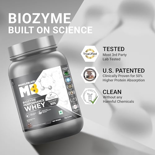 Image of MuscleBlaze Biozyme Performance Whey Protein Powder, 1kg (2.2lbs) | Triple Chocolate | 25g Protein Per Scoop | Clinically Tested 50% Higher Protein Absorption
