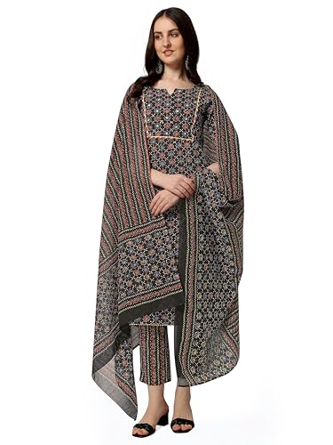 Image of MIRCHI FASHION Women's Straight Fit Cotton Ethnic Block Motif Printed Kurta Set with Dupatta and Trouser