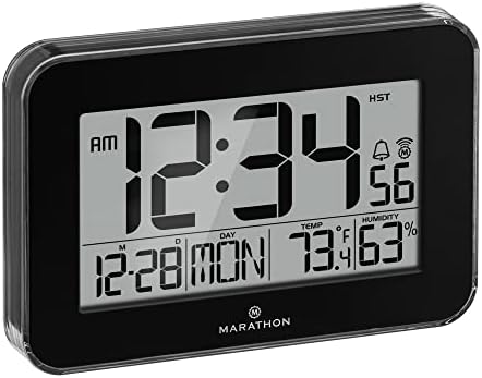Marathon Atomic Wall Clock with Alarm, Snooze and Table Stand. Designer Frame with Clear Bezel. Easy To Read Date, Temperature & Humidity. 8 Time Zones. Batteries Included. Color–Black. SKU-CL030060BK