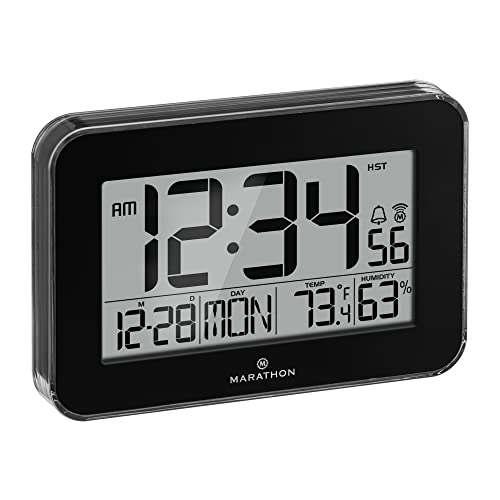 Marathon Atomic Wall Clock With Alarm, Snooze And Table Stand. Designer Frame With Clear Bezel. Easy To Read Date, Temperature & Humidity. 8 Time Zones. Batteries Included. Color–Black. Sku-Cl030060Bk #TOP3