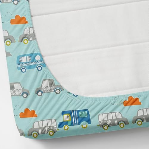 Image of RD FABS Glace Cotton Wrinkle Free Soft Hypoallergenic Elastic Fitted Cartoon Printed Bedsheets for Kids with 2 Pillow(Size,78 x 72 Inches(Fits up to 8 Inch),Sky New Car Bus),Double Bed,300 TC