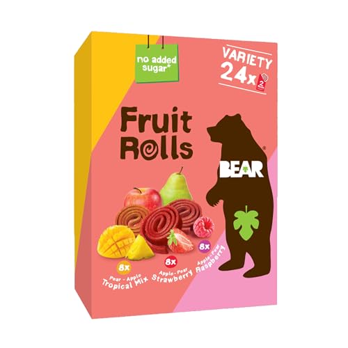 Image of BEAR Real Fruit Snack Rolls - Gluten Free, Vegan, and Non-GMO - Variety Pack (Strawberry, Raspberry, Tropical)) - 48 Rolls, Healthy School and Lunch Snacks for Kids and Adults, 0.7 Ounce (Pack of 24)