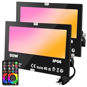 Led Flood Light Outdoor 500W Equivalent, 50W Color Changing RGB Lights with Remote, 120 RGB Colors, Warm White 2700K, Timing, Custom Mode, Uplight Landscape Lights,IP66 US 3-Plug (2 Pack)