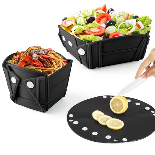 Faltbare Schüssel Camping, 3-in-1 Silikon Faltschüssel - Salatschüssel&Klappbarer Teller&Schneidebrett&Trinkschale&Aufbewahrungsbox&Tragbare Frischhaltedosen für Outdoor, Picknick, Wandern, Reisen