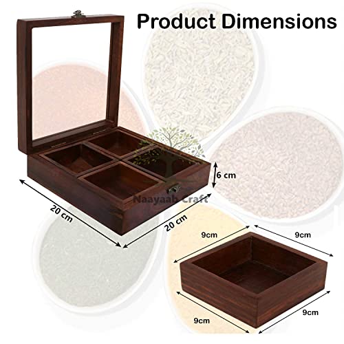 Image of Naayaab Craft Sheesham Wooden Masala Spice Box with Spoon, Square Spice Container for Kitchen, Masala Dani for Spices & Dry Fruits, Wooden Kitchen Storage Box