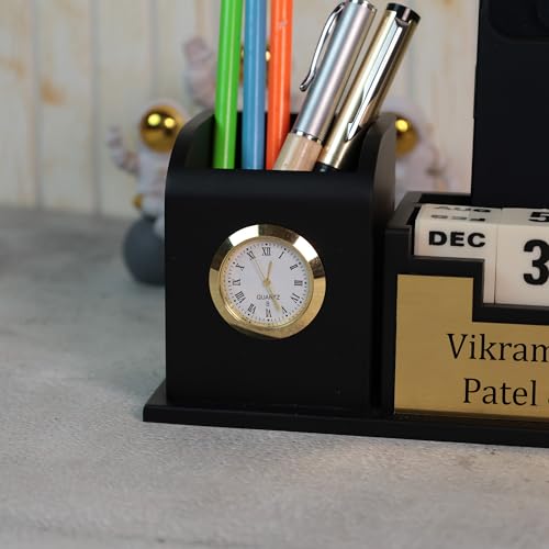 Image of Deskart Customized Pen Holder with Clock, Infinity Cube Flip Calendar & Business Visiting Card Holder | Premium Stylish Office Stationary Organizer for Desk
