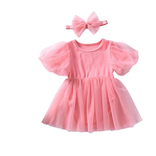 CARTEEL Toddler Baby Girls Ballet Dance Dress Pink Short Sleeve Casual Dress with Headband (Pink, 2_Years)