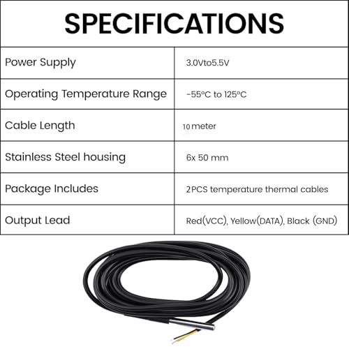 Image of Diymore 2pcs 10M DS18B20 Temperature Sensor Temperature Probe Stainless Steel Package Cable Waterproof Digital Thermostat Sensor Compatible with Arduino,Raspberry Pi and Shelly