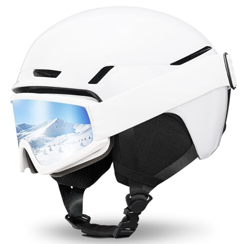 Casco Da Sci Con Occhiali Da Sci Casco Sci Per Uomo Donna Con Cuscinetti Auricolari Rimovibili Ventilazione Uv Ski Helmet Per Ski Ciclismo Sport Invernali (Bianco Lucido+Occhiali Da Sci, M)-image