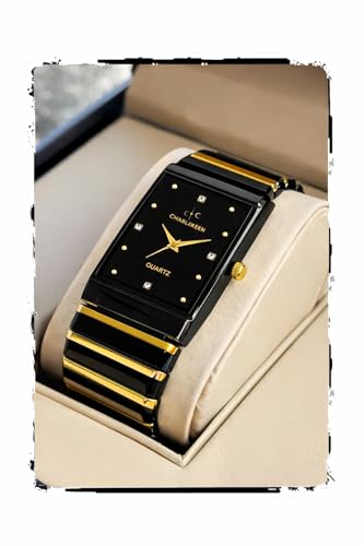 Image of CHARLIEKEEN Rectangular Wristwatch, Black Dial with Rose Gold Roman Numerals, Silicone Strap, Elegant Style