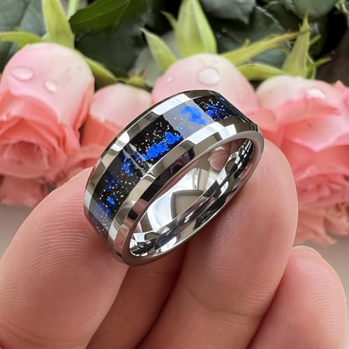 8mm Silver/Black Tungsten Rings for Men Women Orion Nebula Galaxy Opal Blue Gold Foils Inlay Engagement Wedding Promise Band Beveled Edges Polished Comfort Fit4
