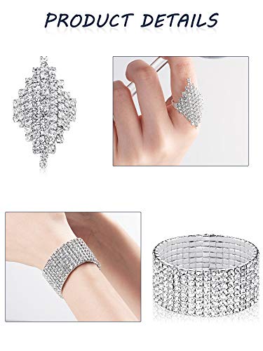 Hicarer 3 Pieces Women Rhinestone Jewelry Set Rhinestone Choker Bracelet Bangle Crystal Necklace Ring Earrings for Wedding4