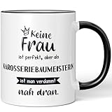 JUNIWORDS Tasse, Keine Frau ist perfekt, aber als Karosseriebaumeisterin ist man verdammt nah dran, Schwarz (6355163)