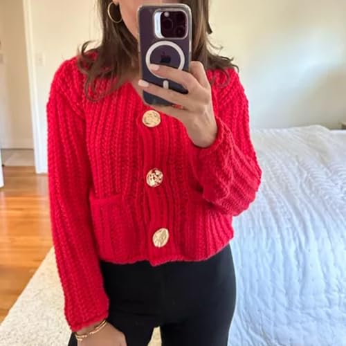 FindThy Women’s Cropped Knit Cardigan Long Sleeve Crewneck Button Down Fall Sweater with Pockets4