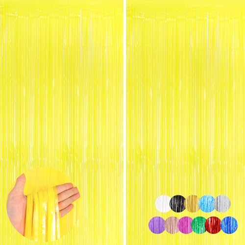 Image of Yellow Metallic Tinsel Foil Fringe Curtains Backdrop 2Pack 3.3x8.3Ft Yellow Party Streamers for Birthday Party Decorations Halloween Christmas Decors Foil Curtain Backdrop for Bachelorette Wedding