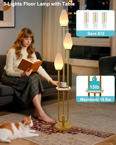 Image of Gold Floor Lamp with Tray, 3-Lights Dimmable Floor Lamps with Rock-Shaped Shade, Unique Candle Holder Style Modern Tall Standing Lamp with 5Lbs Heavy Base for Living Room /Party(Bulbs Included)