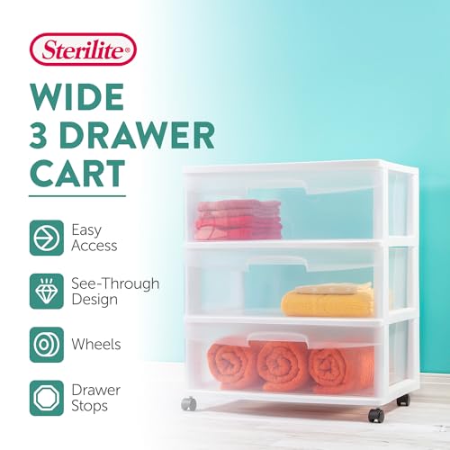 Image of Sterilite Wide 3 Drawer Storage Cart, Plastic Rolling Cart with Wheels to Organize Clothes in Bedroom, Closet, White with Clear Drawers, 1-Pack