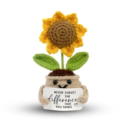 Mini Positive Crochet Sunflower with Motivational Card Handmade Cheer Up Gift for Women Nurses Teachers Bosses & Coworkers Cute Appreciation Desk Decor & Unique Thank You Present