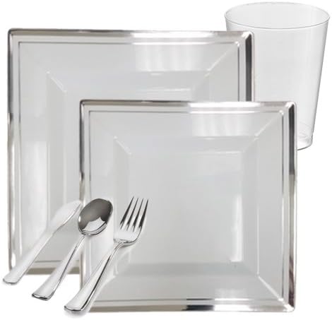 Posh Party Supplies | Bari Square White with Silver Rim Value Plastic Dinnerware Package for 20 Guests | Includes Dinner & Dessert Plates, Plastic Tumblers & Cutlery | 120 Piece Total