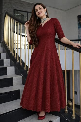 Image of LookMark Women's Chikankari Embroidered Ethnic Gown, Ankle Length Flared Dress, 3 /4 Sleeves, Traditional Indian Wear