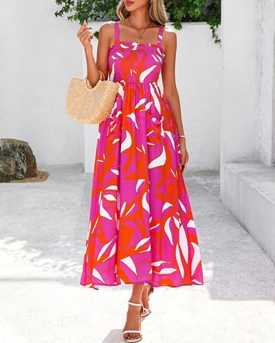 PRETTYGARDEN Womens Summer Dresses 2026 Casual Spaghetti Strap Ruffle Smocked Flowy Floral Spring Maxi Dress with Pocket(Rose Red Orange Floral,Small) — view 3