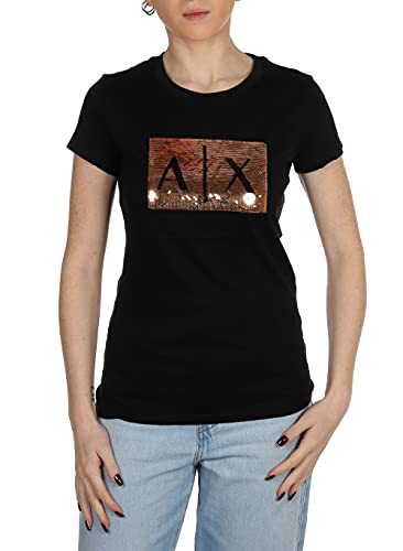 Armani Exchange Camiseta Básica con Logo de Lentejuelas En El Pecho Mujer, Negro (Black With Gold), …