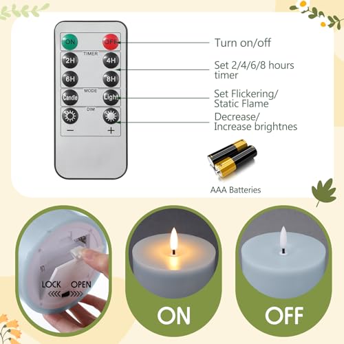 Image of Retisee 3 Pcs 6 /8 /12 Inches Light Blue Large Flameless LED Candles with Remote and 2 /4 /8h Timer Battery Operated Wax Flickering Candles for Home Winter Holiday Party Wedding Porch Bedroom Desk Decor