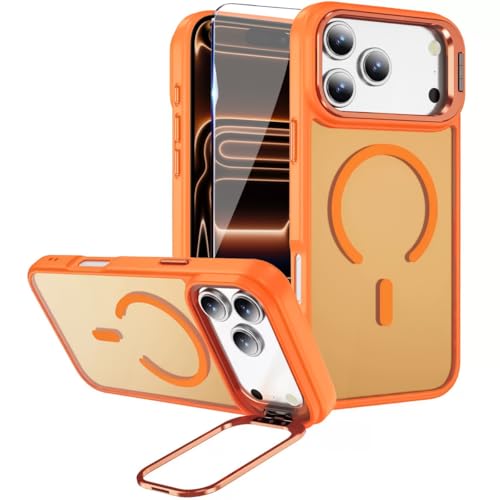 Image of for iPhone 17 Pro Case,Magnetic iPhone 17Pro Phone Case with Screen Protector [Compatible with MagSafe] Built-in Stash Stand,Translucent Matte Shockproof Cover-Cosmic Orange