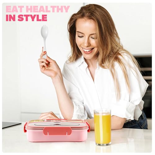 Image of EASYFUN Bento Box Adult, Lunch Box, 4-Compartment Lunch Containers, Drop-Proof, Dishwasher Safe & Made with BPA-Free Materials (Pink)