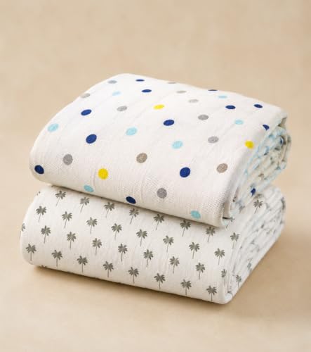 Image of Organic Cotton Muslin Pack of 2 Baby Bath Towel Cotton Cloth Premium Baby Washable, Reusable, Absorbent, Extra Soft 120 X 120 Cm Multi Dot & Cocount